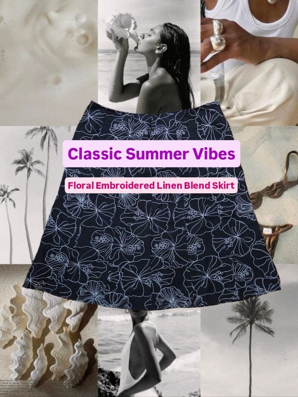 Jones New York Floral Embroidered Linen Blend Skirt - 4P Black White